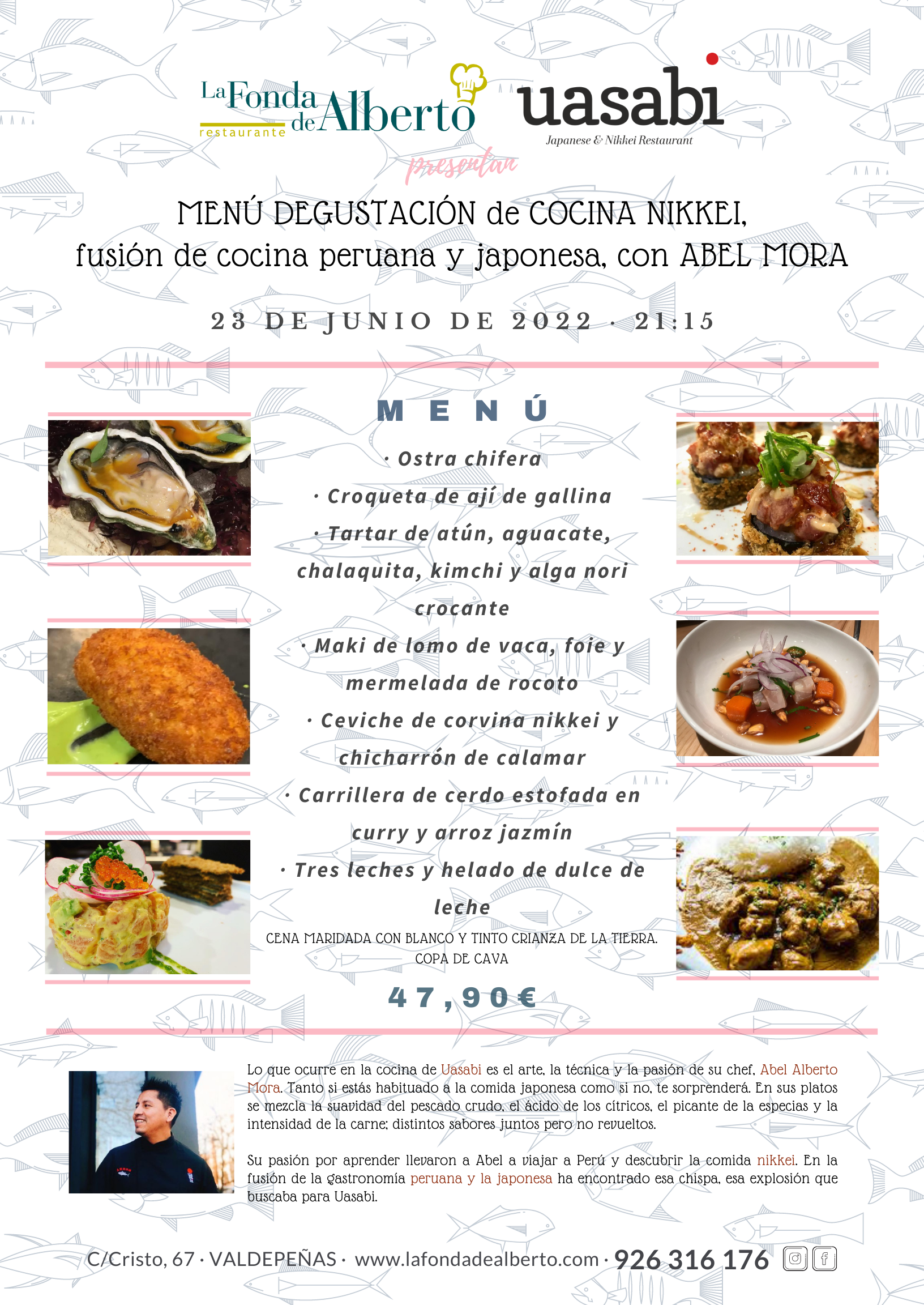 Cena Menú Degustación de cocina NIKKEI con Abel Mora