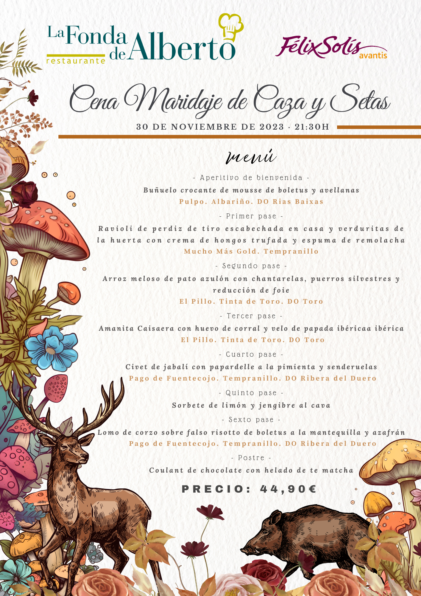 Cena Maridaje Caza y Setas con Bodegas Félix Solís