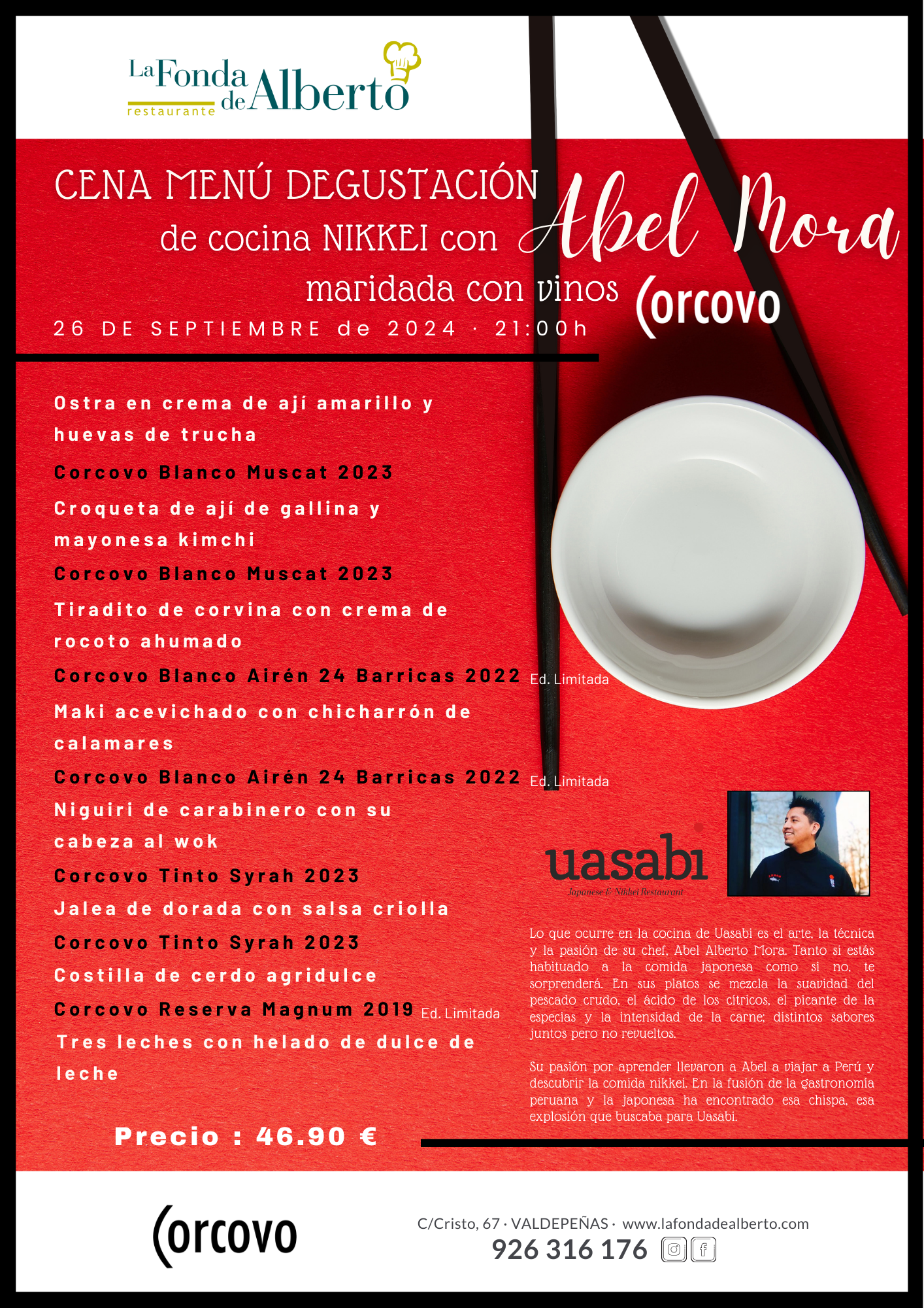 Cena Menú Degustación de cocina NIKKEI con Abel Mora